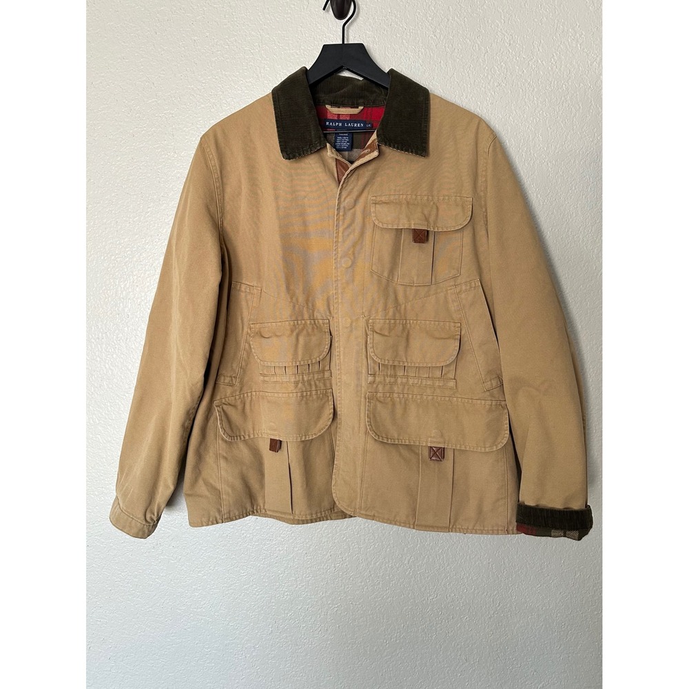 Ralph Lauren Men's L Tan Canvas Hunting Chore Jacket Corduroy Collar Plaid Lined